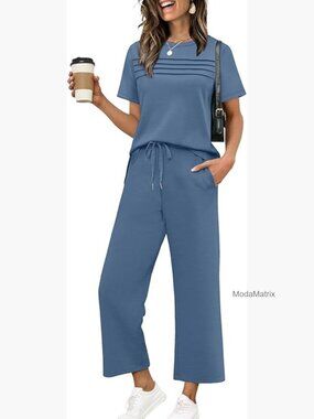 Two Piece Sets for Women Summer Travel Outfits Short Sleeve Lounge Sets Side